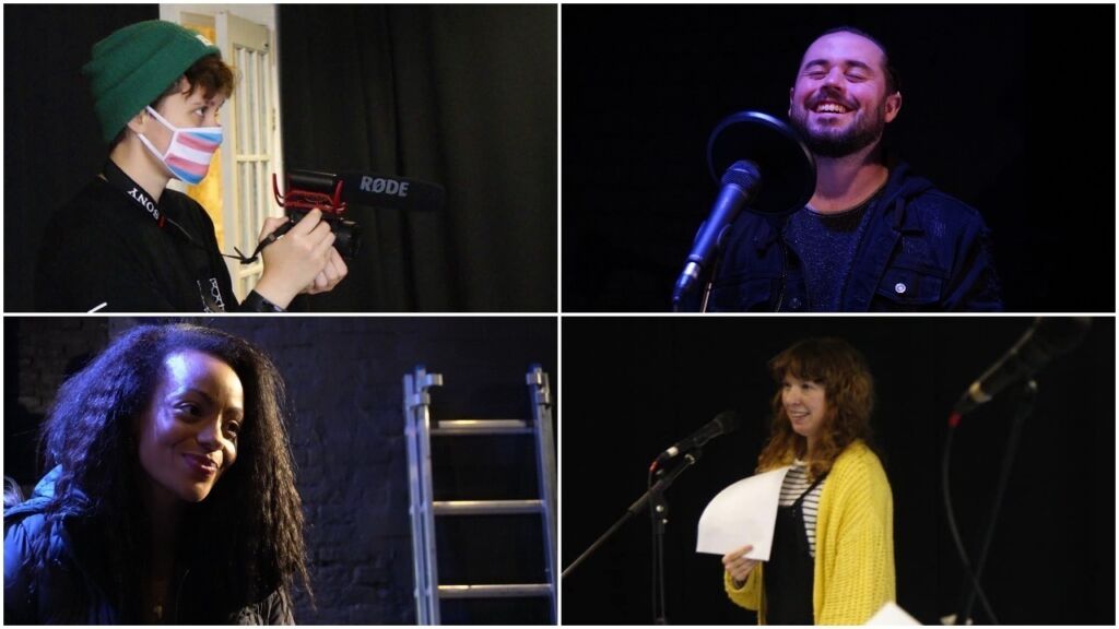 Clockwise from top left: Film maker Merlin Mee, Dale Jewitt, Karen Traynor and Sarah Lewis Obuba during rehearsals at Alphabetti Theatre in Newcastle